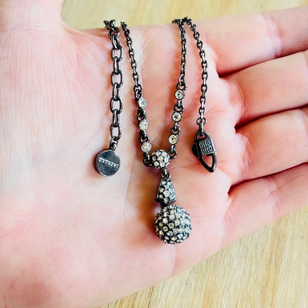 Givenchy Flex Choker Y-Drop Ball Necklace Pave Crystal Rhinestone Gunmetal 18"